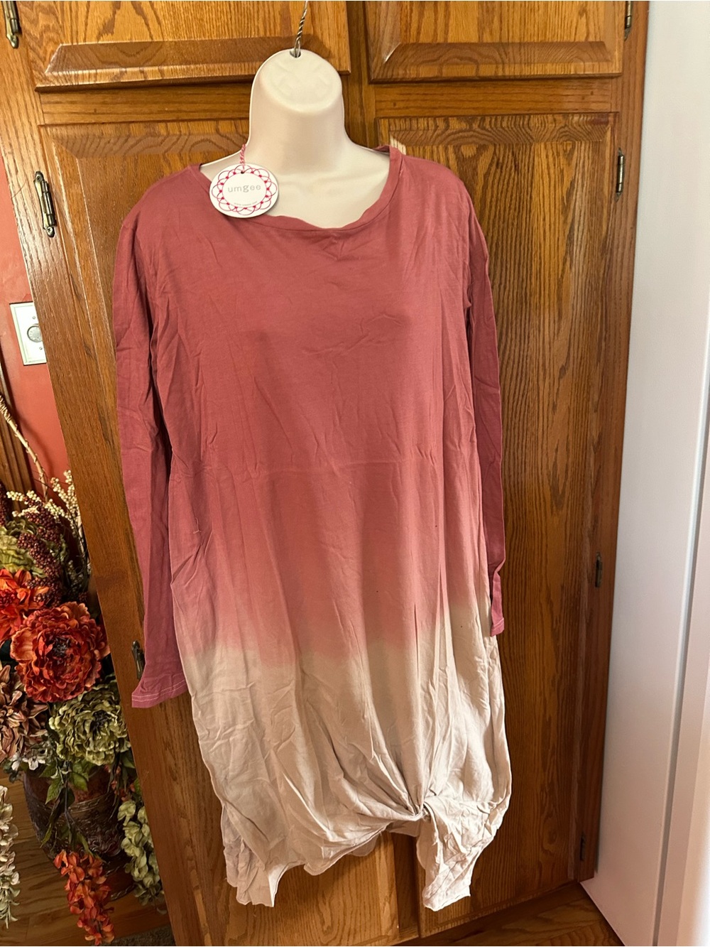 Umgee Mauve to Beige Ombre Knot Hem Long Sleeve Sleep Tunic